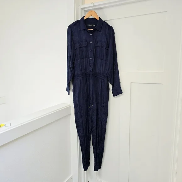 LRL Paisley Jacquard Button Down Long Sleeve Jumpsuit in Navy - Picture 6 of 12